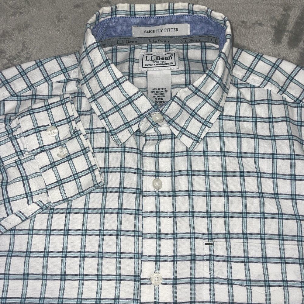 LL Bean Shirt Mens S‎ White Blue Plaid Button Up Slightly Fitted COOLMAX Stretch
